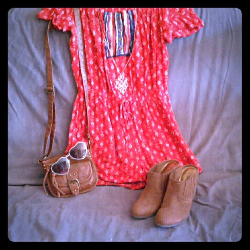 Red Off the Shoulder Southwestern Print Romper!